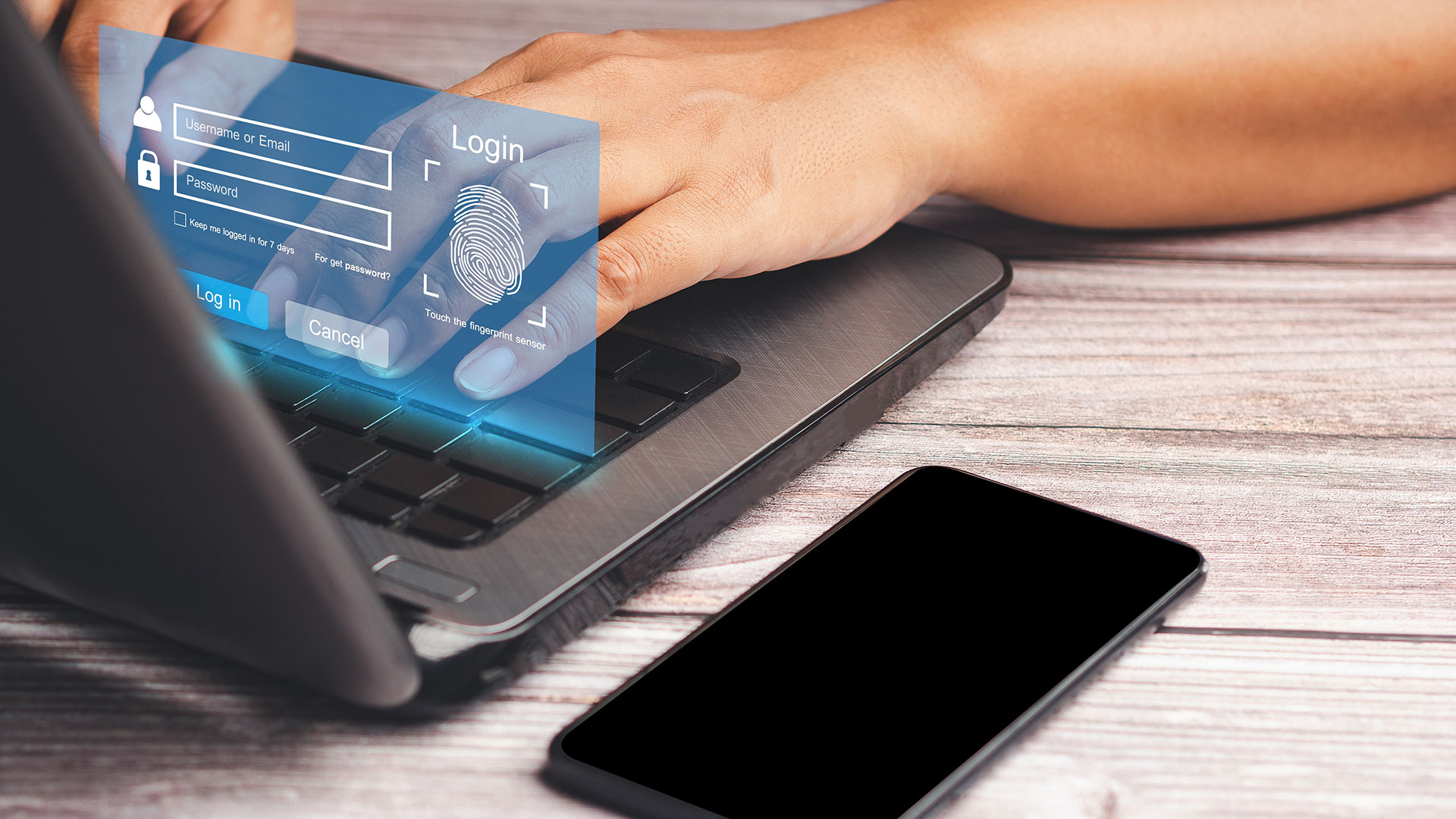 Login screen with fingerprint authentication — not every cyberattack begins with a network breach
